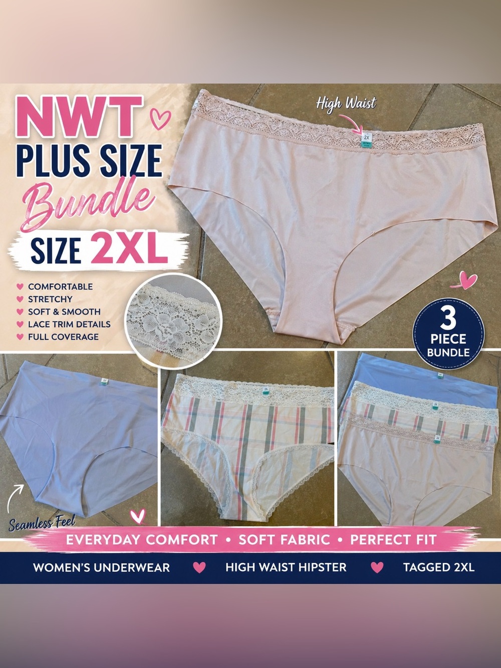 NWT Plus Size 2XL Panty Bundle 3 Pc Lace Hipster Seamless Underwear